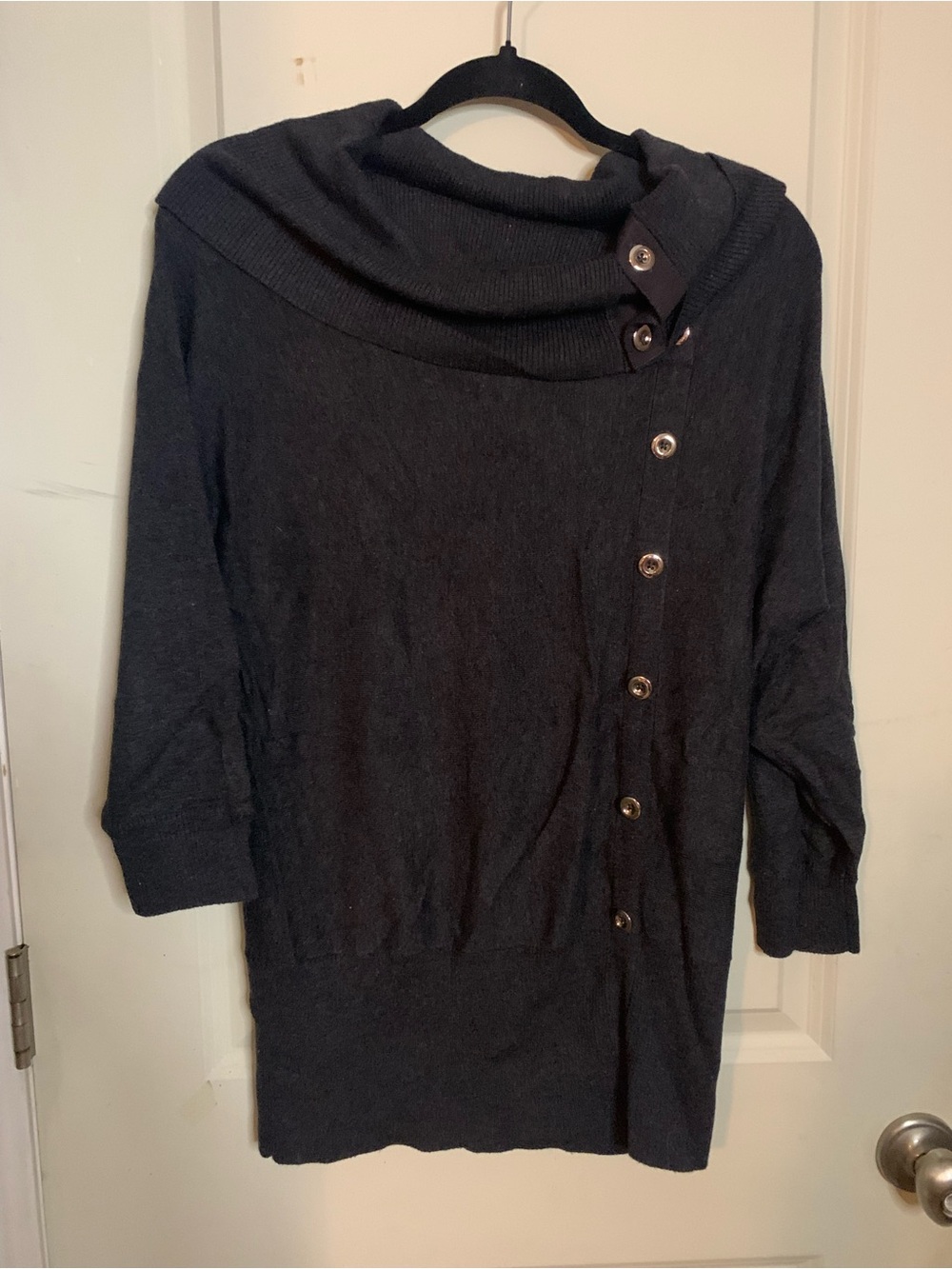 NWT Button-Front Charcoal Gray Women's Sweater with Cowl Neck Sz Medium
